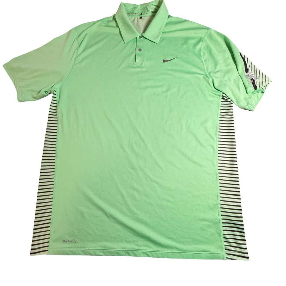 Nike Golf Tiger Woods‎ Collection Polo Shirt Mens L Green Black Stripe Dri-FIT